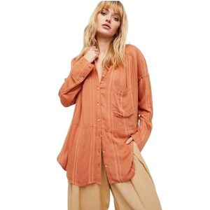 Free People Cozy Nights Rust Striped Oversized Tunic Button Down Shirt Medium